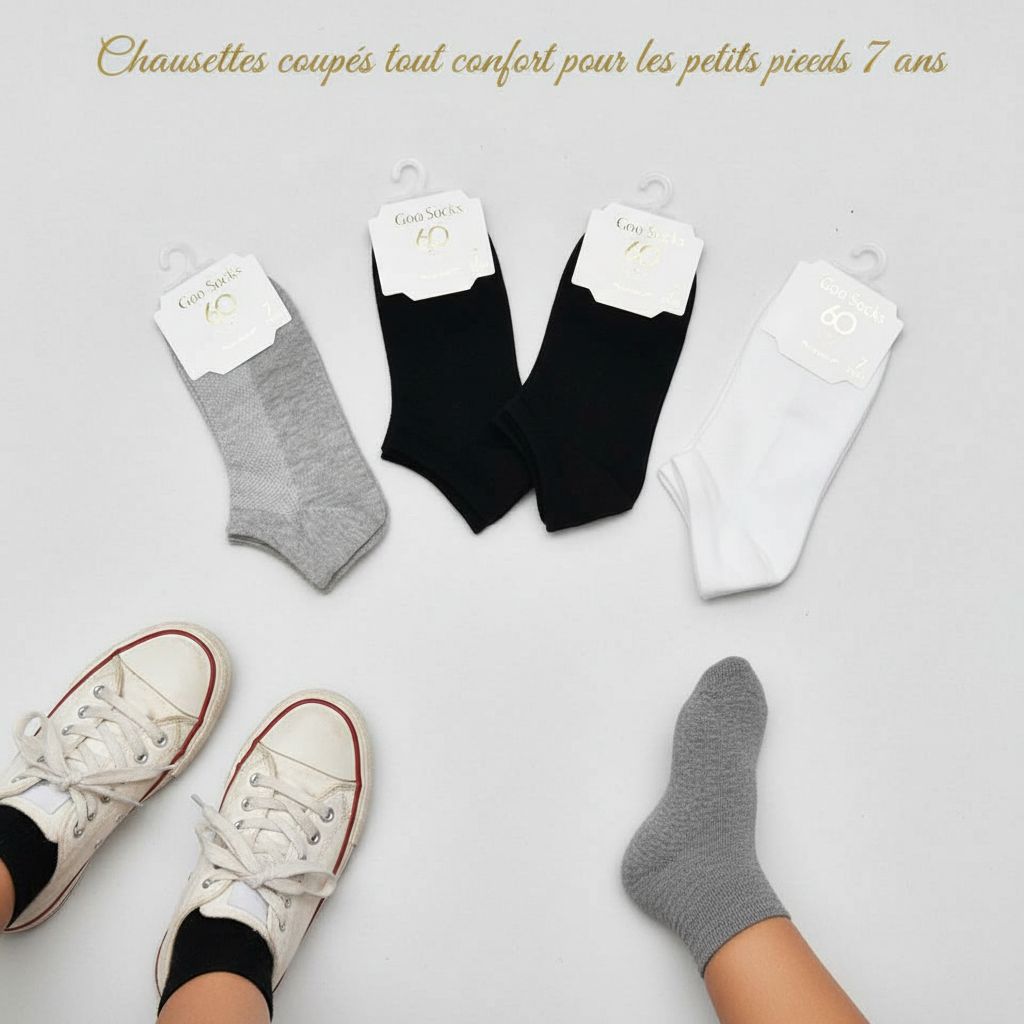 Chaussettes enfant 7 ans coton, lot 3 paires noires blanches grises confort