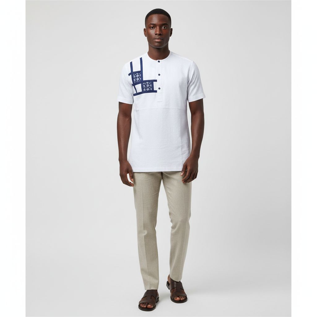 Chemise homme coton beige élégante col mao pagne tissé manches courtes L