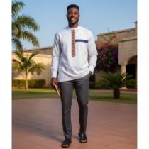 Chemise homme coton blanc col mao XL, élégante avec motifs géométriques et détails pagne tissé, idéale pour un style semi-formel ou décontracté. ❀ Taille XL, coupe droite confortable ❀ Couleur blanche avec bandes marron et bleu marine ❀ Tissu coton léger, doux et respirant
❀ Couleur : Blanche