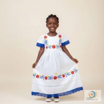 Robe bazin fille blanche 4 ans, broderie florale multicolore et dentelle bleue, idéale pour cérémonie, fête ou événement culturel, coton confortable.
❀ Matière : Coton léger, finition artisanale soignée
❀ Couleur : Blanche