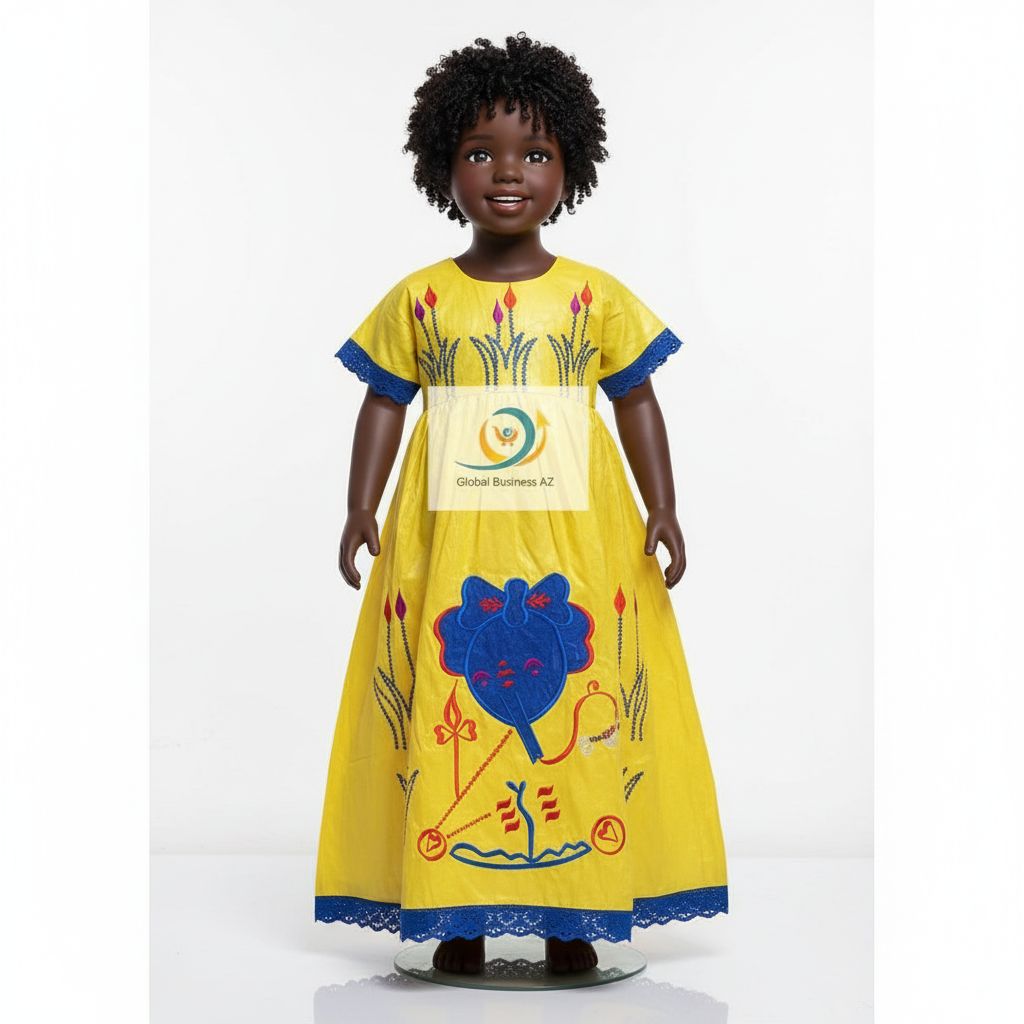 Robe bazin fille jaune brodée, élégante cérémonie coton confortable 2 ans