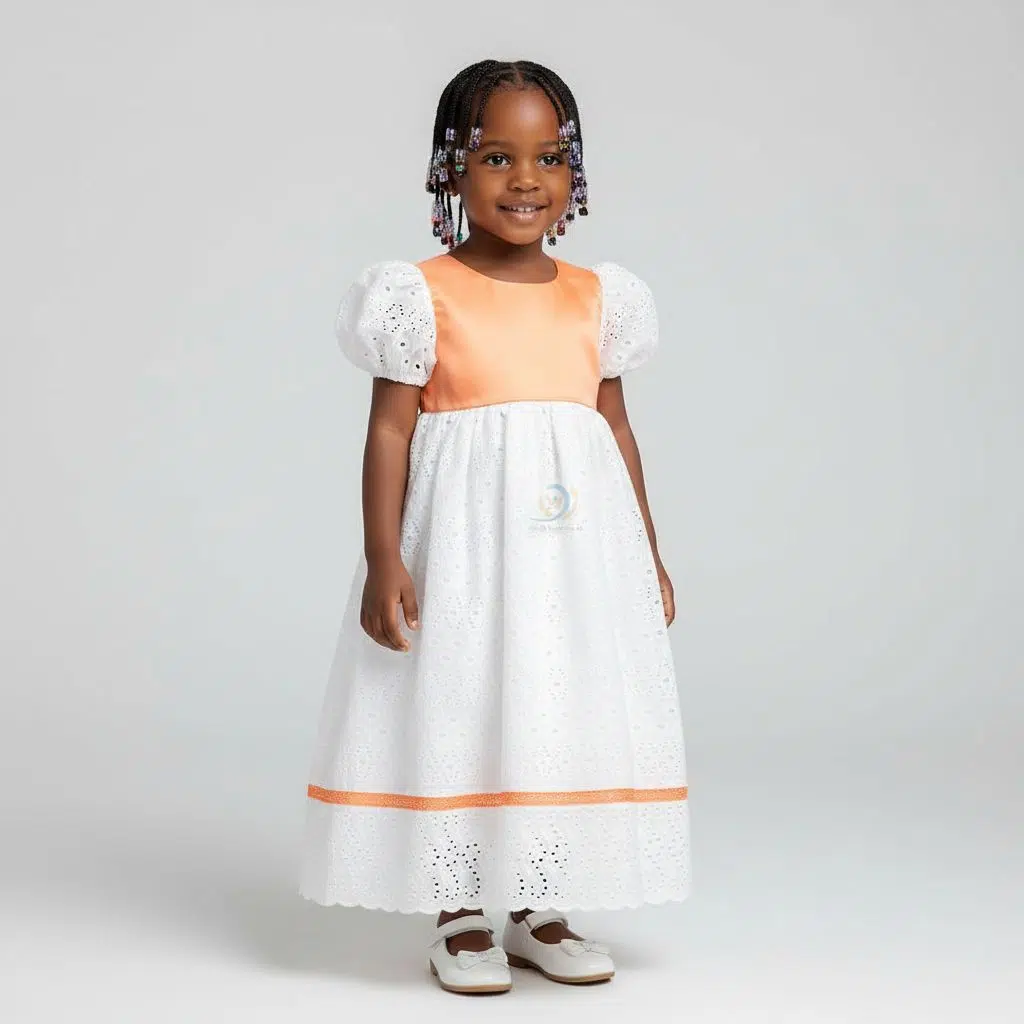 Robe cérémonie fille 3 ans blanche et bazin orange chic mariage baptême
