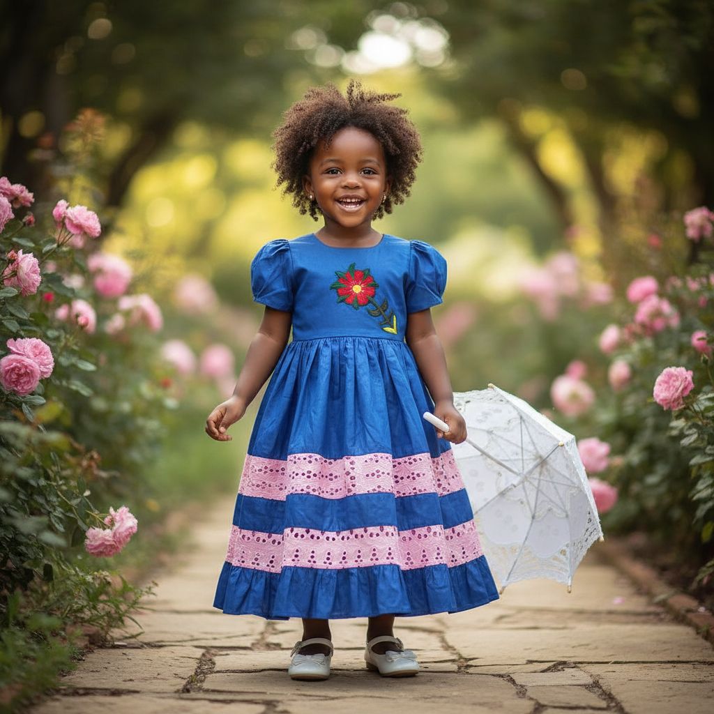 Robe cérémonie fille 3 ans bleu bic brodée rose coton mariage baptême