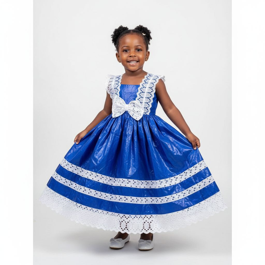 Robe cérémonie fille 4 ans bazin bleu brodée blanche mariage baptême élégante