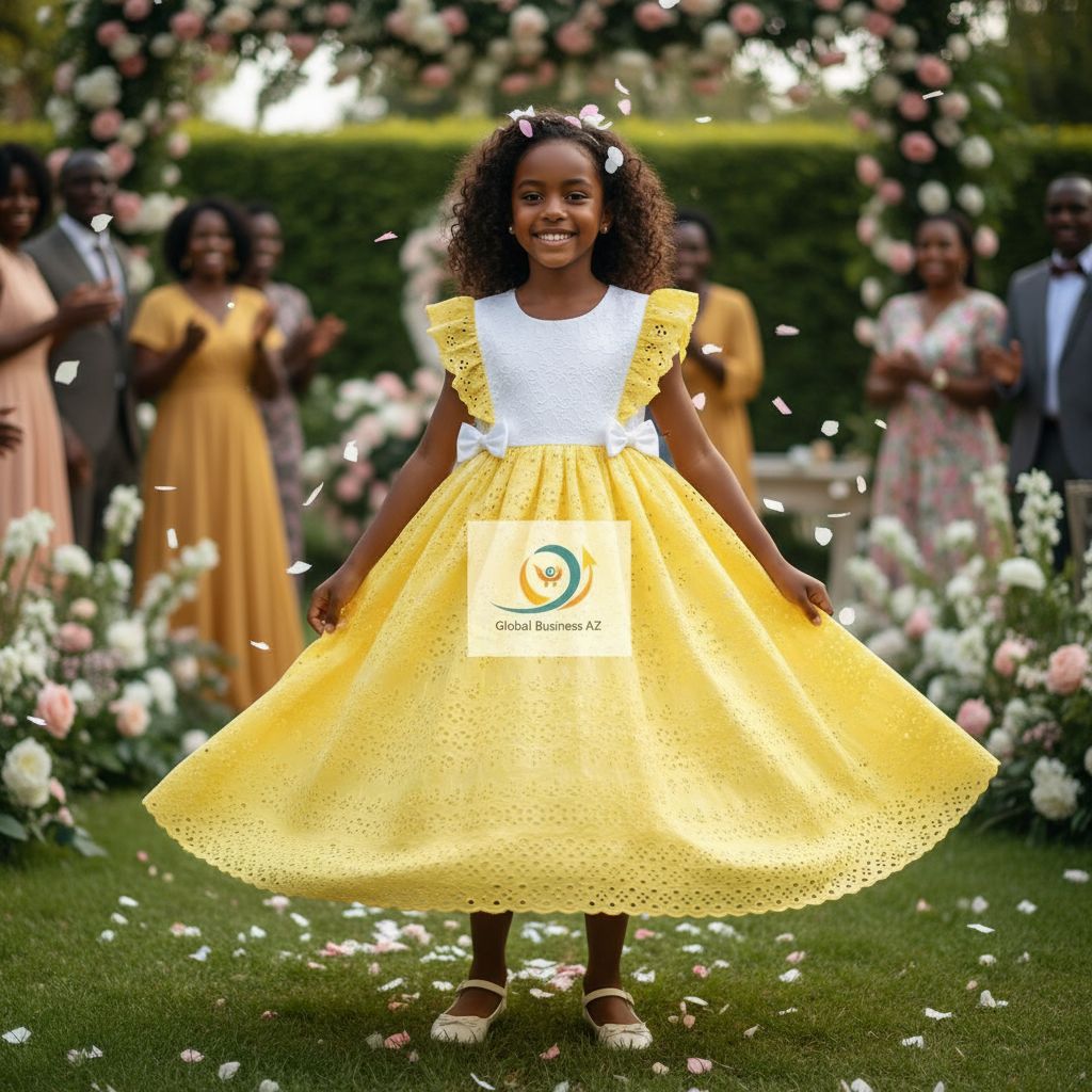 Robe cérémonie fille 7 ans bazin blanc brodée jaune poussin mariage baptême