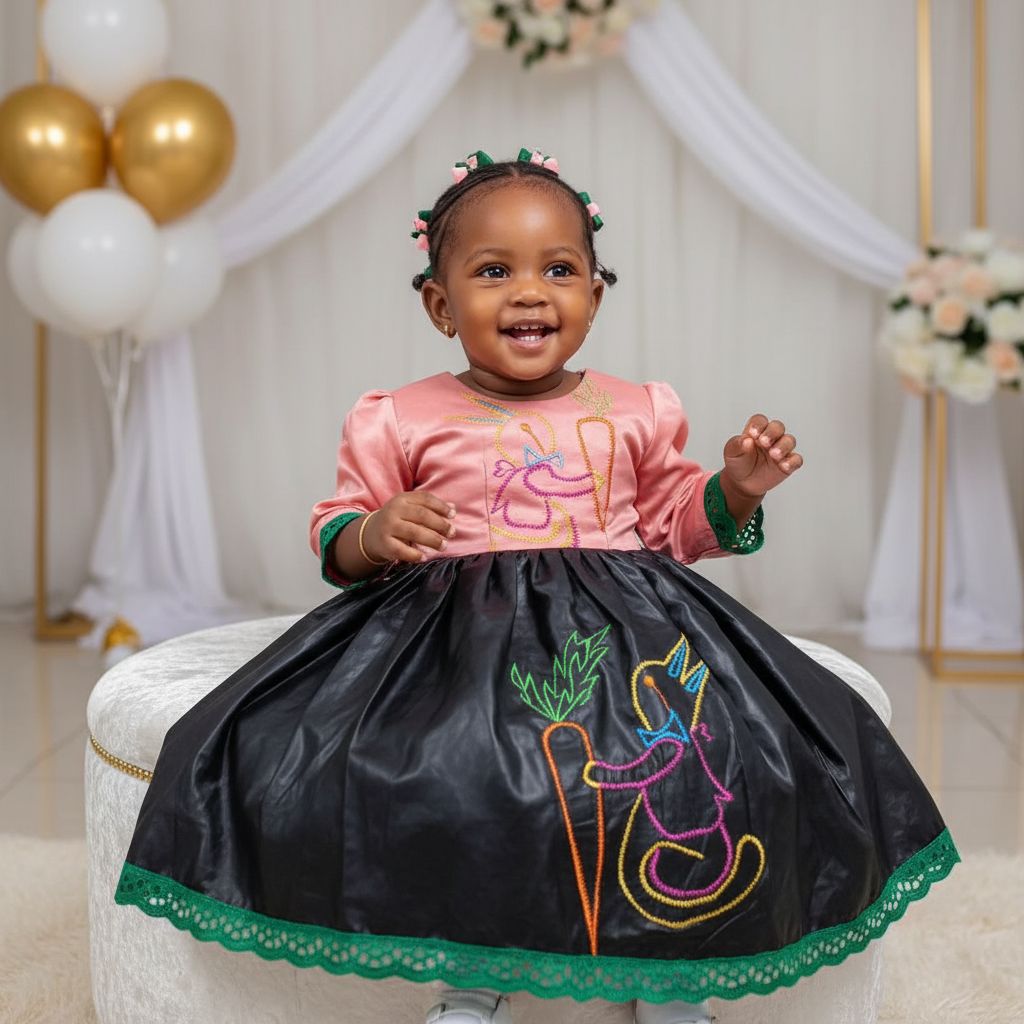 Robe fille cérémonie noire saumon brodée, élégante et confortable, 1 an