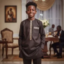 Ensemble costume africain garçon marron foncé en coton, idéal pour cérémonie et événement spécial, style traditionnel élégant et confortable pour enfant. ❀ Confection en coton doux, coupe droite, manches longues, parfait pour occasions formelles ❀ Couleur : marron foncé avec broderies beiges décoratives ❀ Tenue légère et confortable pour un port quotidien ou festif
❀ Couleur : Marron foncé