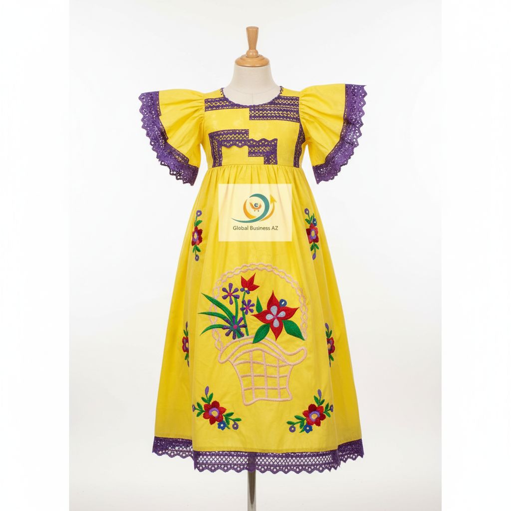 Robe cérémonie fille 3 ans jaune brodée mauve, coton élégant mariage/baptême