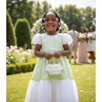 Robe cérémonie fille 3 ans verte chic en satin et broderie anglaise, idéale mariage, baptême ou fête, élégance raffinée pour occasions spéciales. ❀ Taille adaptée : 3 ans, coupe cintrée et confortable ❀ Couleurs : vert pastel et blanc, manches bouffantes en broderie anglaise ❀ Parfaite pour mariage, baptême, anniversaire et fêtes