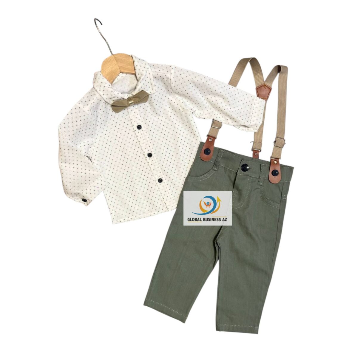 Ensemble 4 pièces de vêtements garçon avec pantalon Vert + bretelles chemise et nœud papillon(1 à 4 ans)