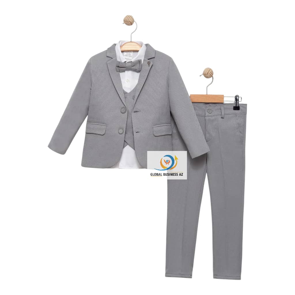 Ensemble de 5 pièces pour costume et blazer pour garçon Veste Gris + chemise blanche + nœud papillon ajustable + gilet + pantalon (13 à 16 ans)
