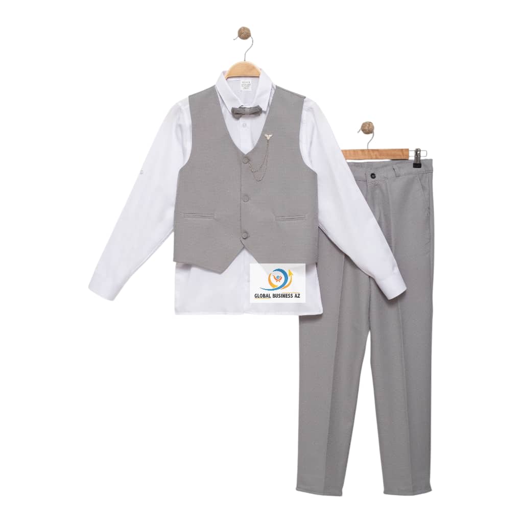 Ensemble 4 pièces de vêtements garçon avec pantalon , gilet gris+ chemise blanche et nœud papillon(1 à 4 ans)