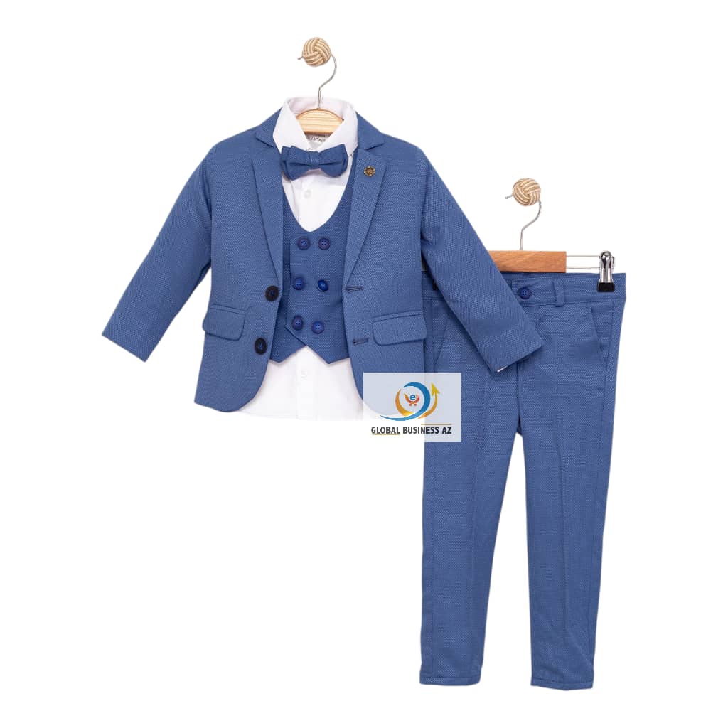 Ensemble de 5 pièces pour costume et blazer pour garçon Veste VERT & BLEU CLAIR + chemise blanche + nœud papillon ajustable + gilet + pantalon(5 à 8 ans)