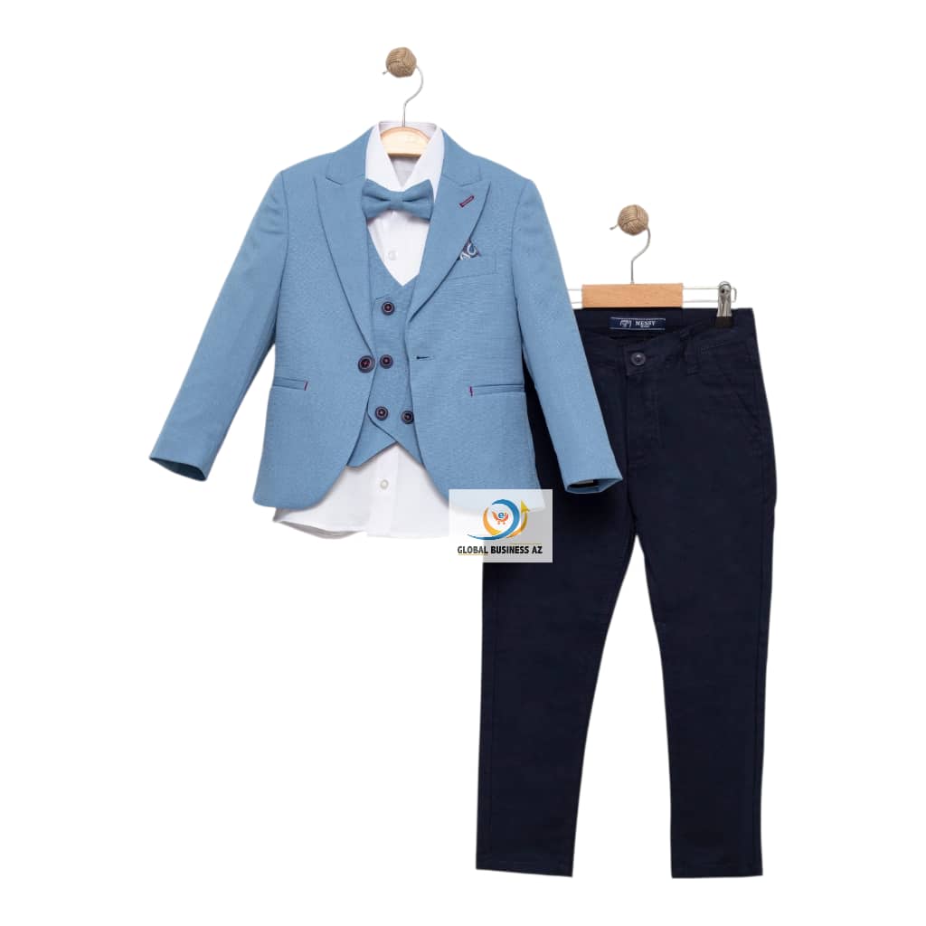 Ensemble de 5 pièces pour costume et blazer pour garçon Veste Bleu INDIGO + chemise blanche + nœud papillon ajustable + gilet + pantalon NOIR(9 à 12 ans)