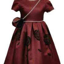 Robe de Soirée de Mariage Enfant Fille avec Manche body avec Paillette Tulle Mi-Longue - Rouge BordeauavecPochette