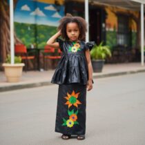 Ensemble bazin riche fille 4 ans noir, jupe longue et haut brodé, idéal cérémonie ou événement, allie élégance traditionnelle et confort pour enfant. ❀ Taille : adaptée aux filles de 4 ans, ensemble jupe longue et haut ❀ Couleur : noir avec broderies florales colorées (orange, jaune, vert, bleu) ❀ Matière : tissu synthétique souple avec finition brillante, léger et confortable
❀ Couleur : Noir