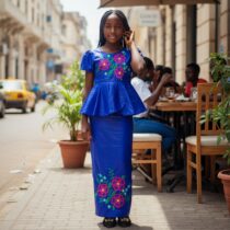 Ensemble cérémonie fille 7 ans bleu Bic en bazin riche, composé d’un haut floral brodé et d’une jupe longue élégante, idéal pour occasions spéciales. ❀ Taille adaptée pour fille de 7 ans, coupe confortable et chic ❀ Couleur bleu Bic profond avec broderies florales multicolores ❀ Ensemble deux pièces léger, tissu bazin riche, parfait pour cérémonies
❀ Couleur : Bleu Bic