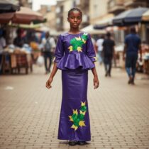 Ensemble cérémonie fille mauve foncé 11 ans, jupe longue et haut floral élégant en bazin riche, idéal pour mariage et fêtes traditionnelles. ❀ Taille : adapté aux filles de 11 ans ❀ Couleur : mauve foncé avec appliqués floraux verts et jaunes ❀ Tissu bazin riche, finition satinée élégante et confortable
❀ Couleur : Mauve foncé