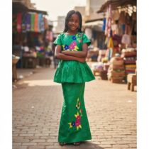 Ensemble bazin fille 11 ans vert Senegal, robe et jupe brodées pour cérémonie, tenue africaine élégante et festive, idéale fêtes et événements spéciaux. ❀ Taille adaptée : 11 ans, parfait pour les filles ❀ Couleur : Vert Senegal avec motifs floraux brodés multicolores ❀ Ensemble composé d’une robe droite et d’une jupe assortie
❀ Couleur : Vert Senegal