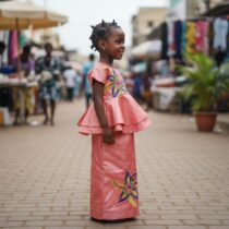 Ensemble bazin riche fille 5 ans saumon, haut brodé et jupe longue, élégant pour cérémonie africaine, idéal vêtement de fête enfant. ❀ Taille : 5 ans, ensemble composé d’un haut court structuré et d’une jupe longue ❀ Couleur : Saumon lumineux avec broderies florales multicolores ❀ Tissu satiné doux et brillant, finition artisanale haut de gamme
❀ Couleur : Saumon